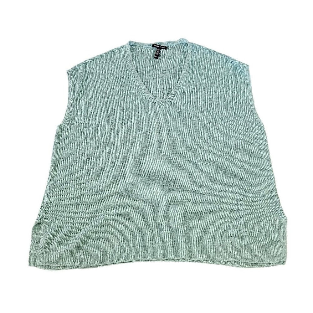 Eileen Fisher Womens XL Organic Linen Knit V-Neck Vest Top Green Italian Yarn